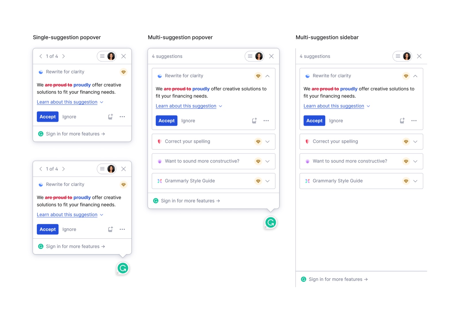 Proposed direction — unified card design across single-suggestion popover, multi-suggestion popover, and sidebar