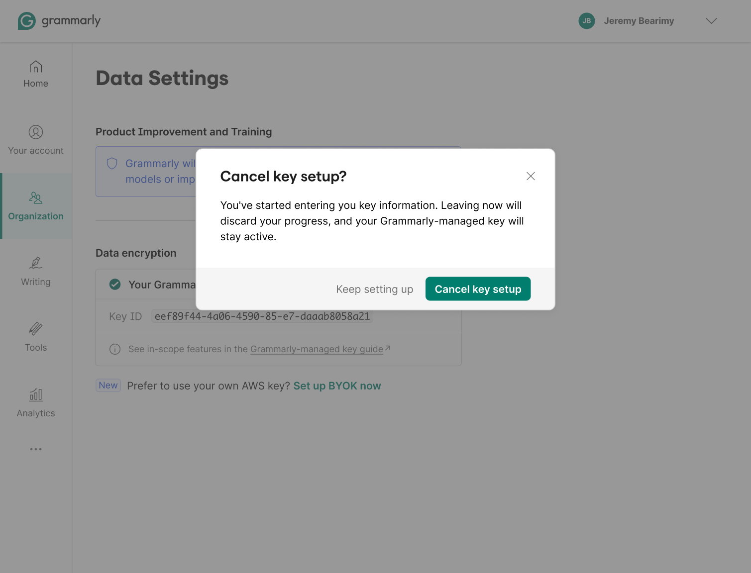 Cancel guard — leaving mid-setup discards progress, Grammarly-managed key stays active
