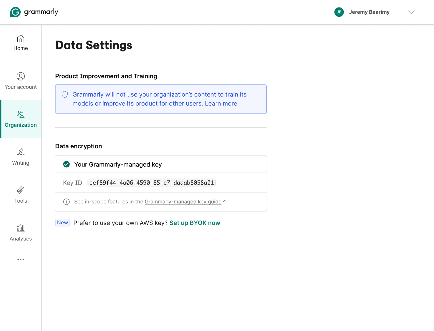 Q4 entry state — Grammarly-managed key active, Set up BYOK CTA