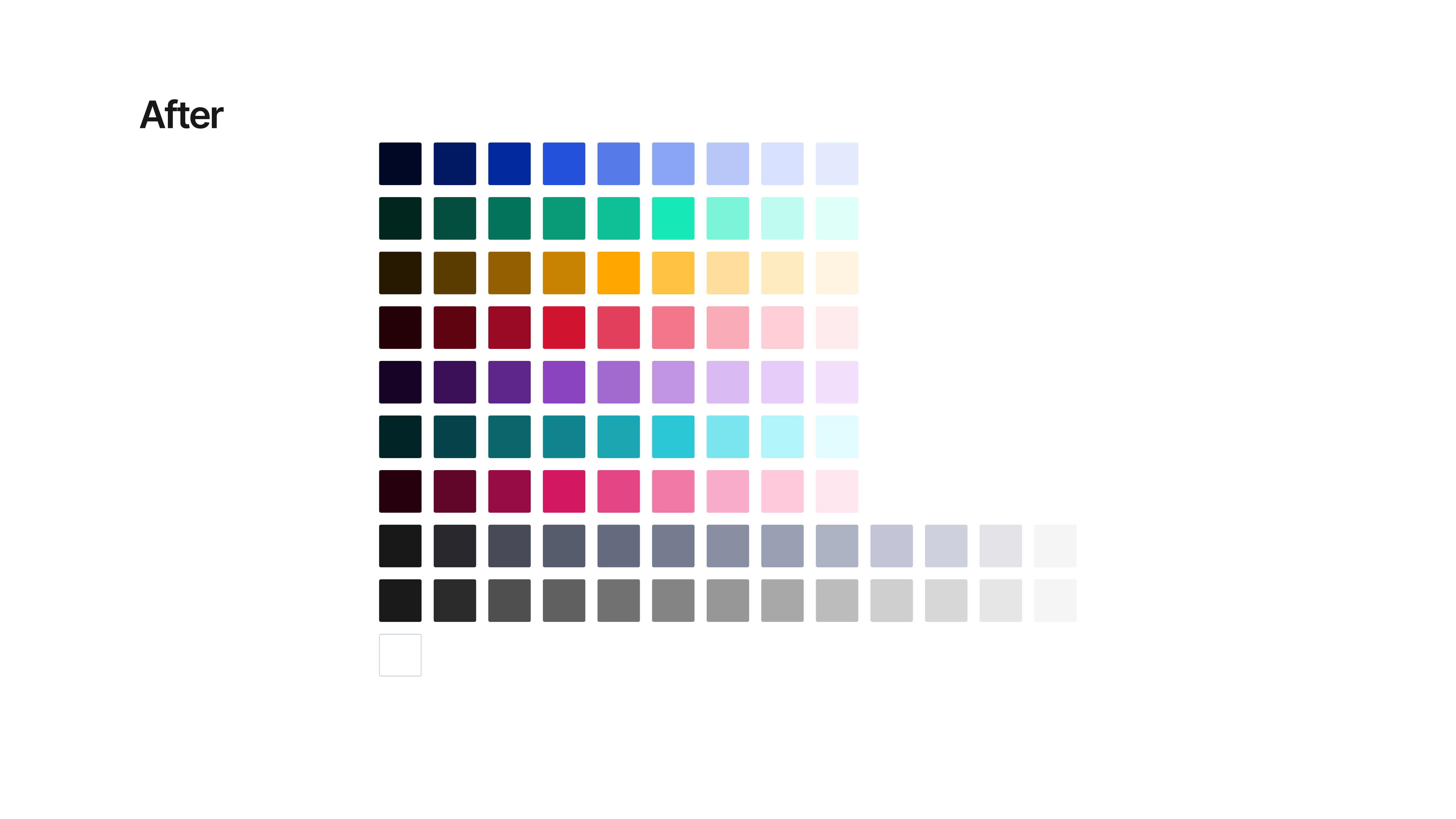 Color palette after — consolidated, organized by hue with consistent steps
