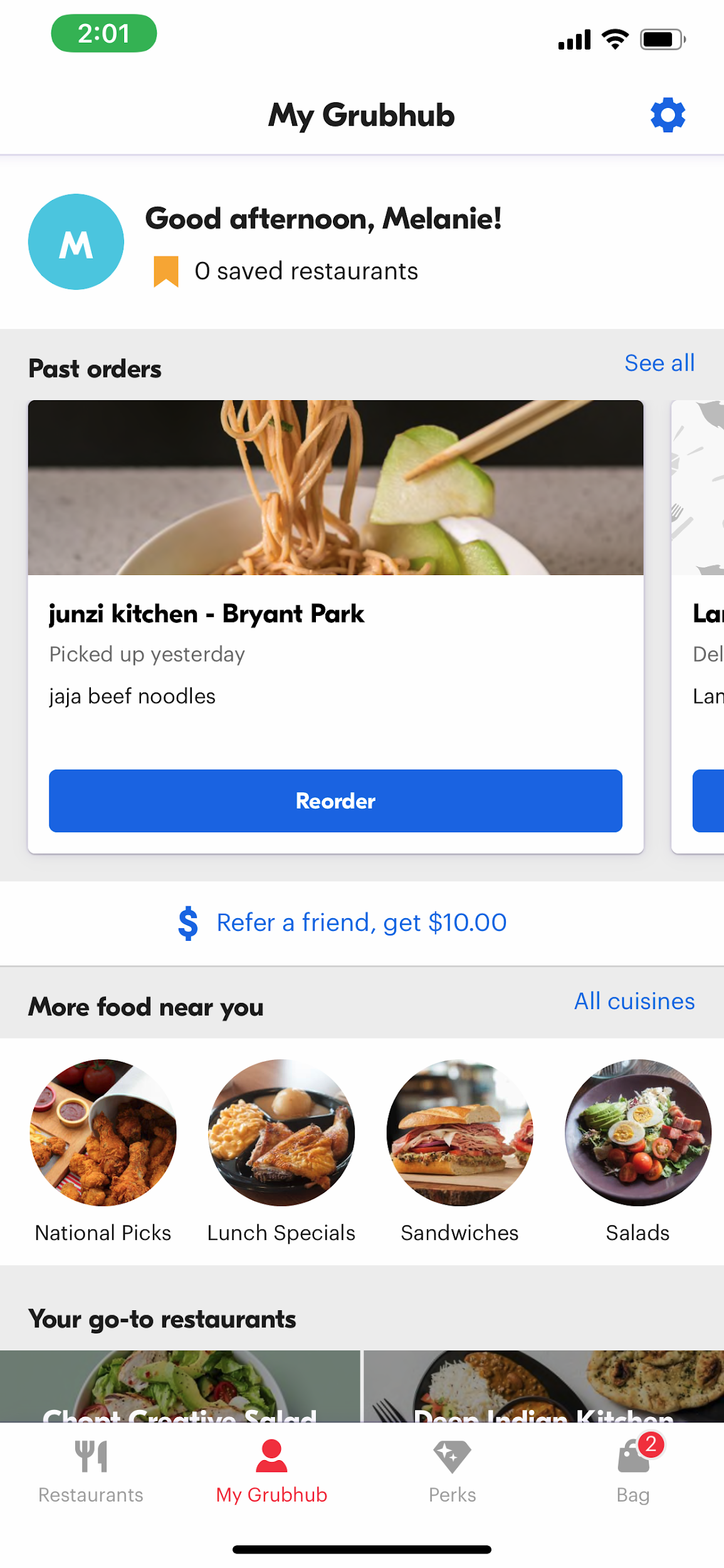 Baseline reorder — My Grubhub tab with past orders and extra steps